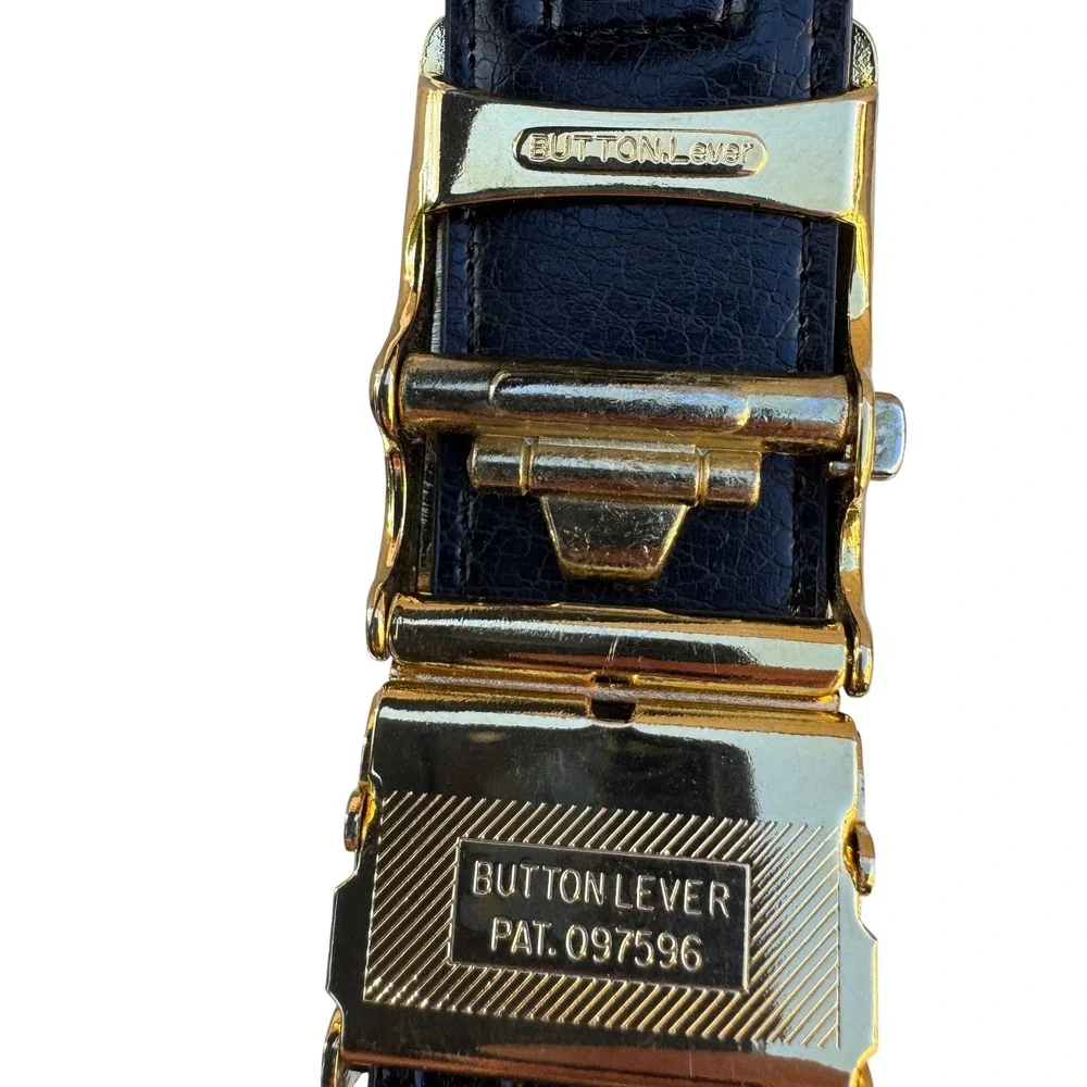 Flex Black Genuine Leather Belt Gold Button Lever‎ Buckle Made in USA Pat 097596